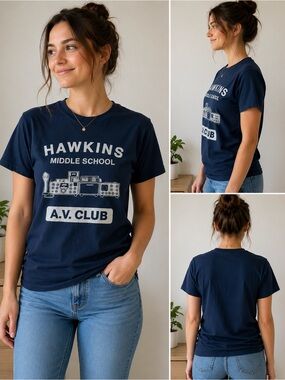 Hawkins Middle School A.V. Club Graphic Tee Navy Size S 🛍️